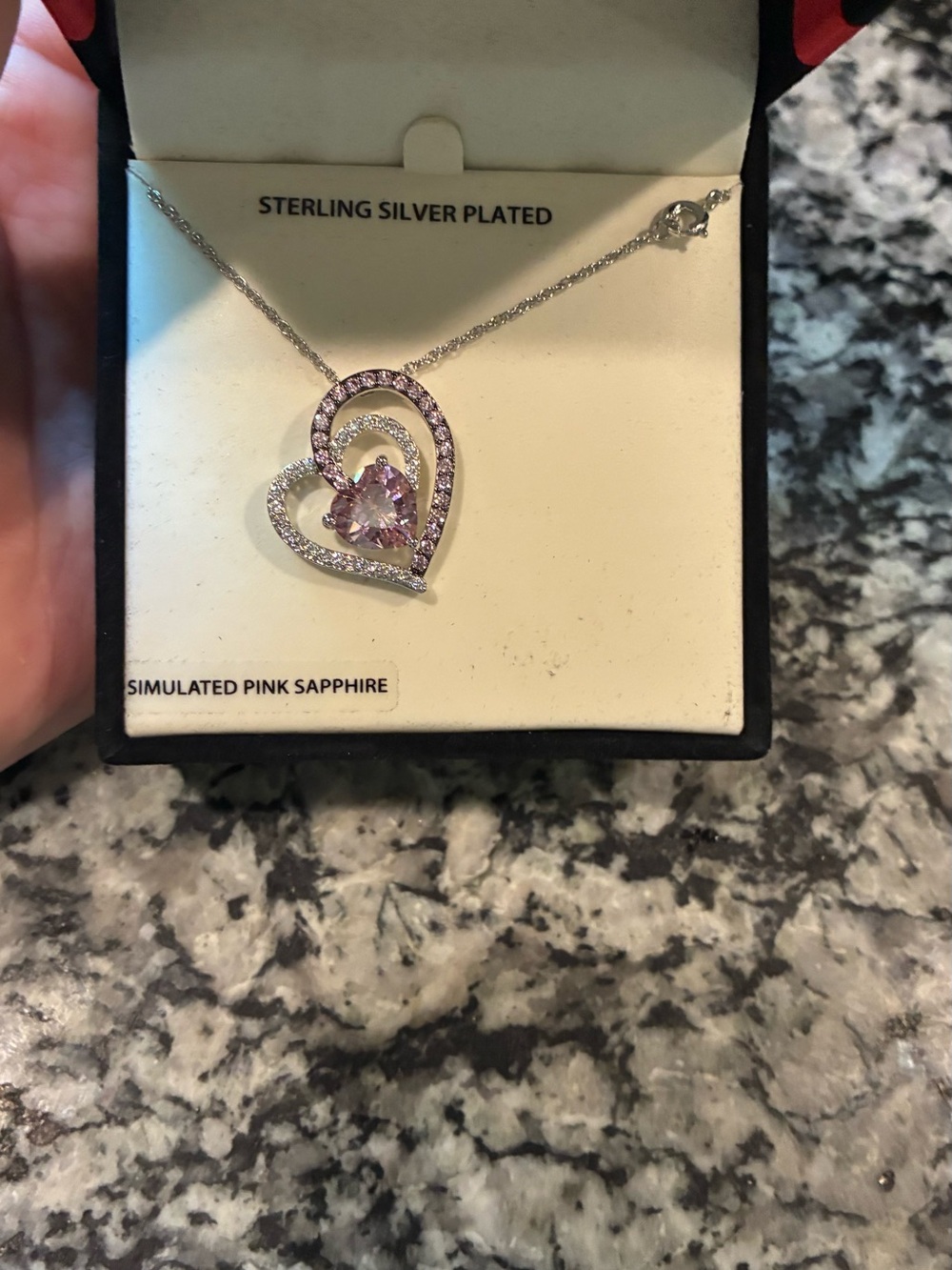 18” Sterling Silver Plated Simulated Pink Sapphire & CZ Heart Pendant Necklace